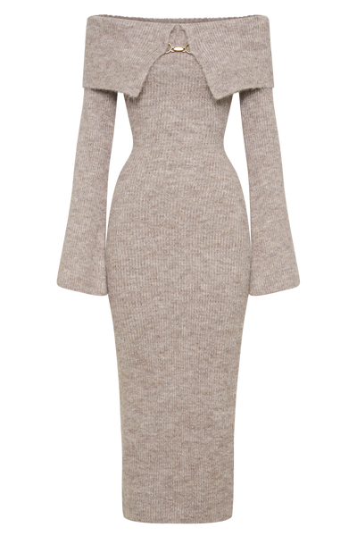 Off Shoulder Fluffy Knit Midi Dress